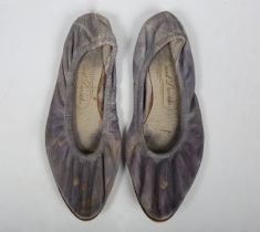 A pair of Anello and Davide of London, purple leather stage shoes worn by Dame Joan Sutherland, DBE,