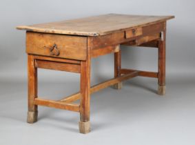 An 18th century French cherry farmhouse table, fitted with two deep end drawers, height 83cm, length