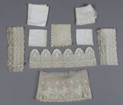 A small group of lacework, including a scalloped border with raised work scrolls, width 43cm.Buyer’s