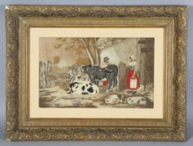 After George Morland - an early/mid-19th century woolwork panel depicting a farmyard scene with