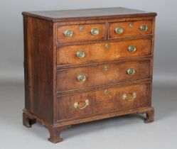 A late George III provincial oak chest of drawers, the top with mahogany crossbanding, height