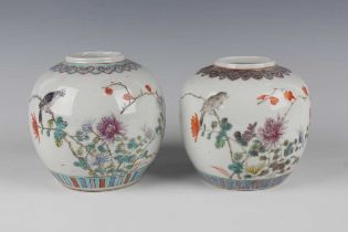 Two Chinese famille rose porcelain ginger jars, early 20th century, each painted with a bird