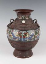 A Japanese brown patinated bronze and cloisonné enamel vase, Meiji period, decorated in the