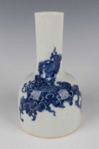 A Chinese blue and white porcelain bottle vase, mark of Kangxi but later, of mallet form, painted