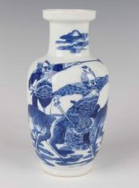 A Chinese blue and white porcelain rouleau vase, mark of Kangxi but late 19th century, the body