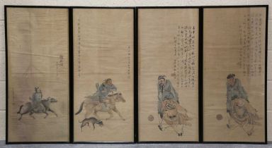 A group of four Chinese watercolour paintings on paper, late Qing dynasty, two depicting archers