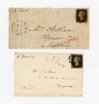 Two 1d blacks just four margins, one on cover front from Torquay, December 1840, other on March 1841