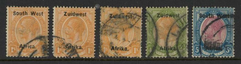 South West Africa stamps on cards with 1923 setting 1 to 5 shillings mint pairs, 1924-26 setting