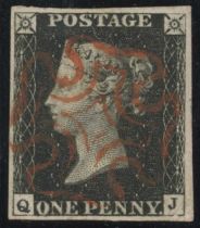 Great Britain 1840 1d black four margins fine used, red Maltese cross, within a faux leather