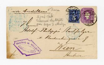 Postal history in an album with Chile postal stationery unused and used, 1870 10 cent diagonal