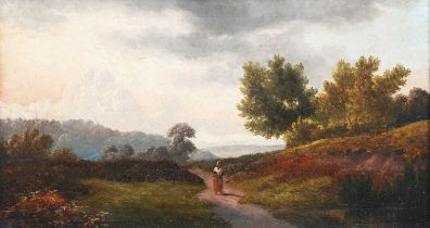 British School – Heath Landscape with Figure on a Path, 19th century oil on canvas, 24cm x 44.5cm,