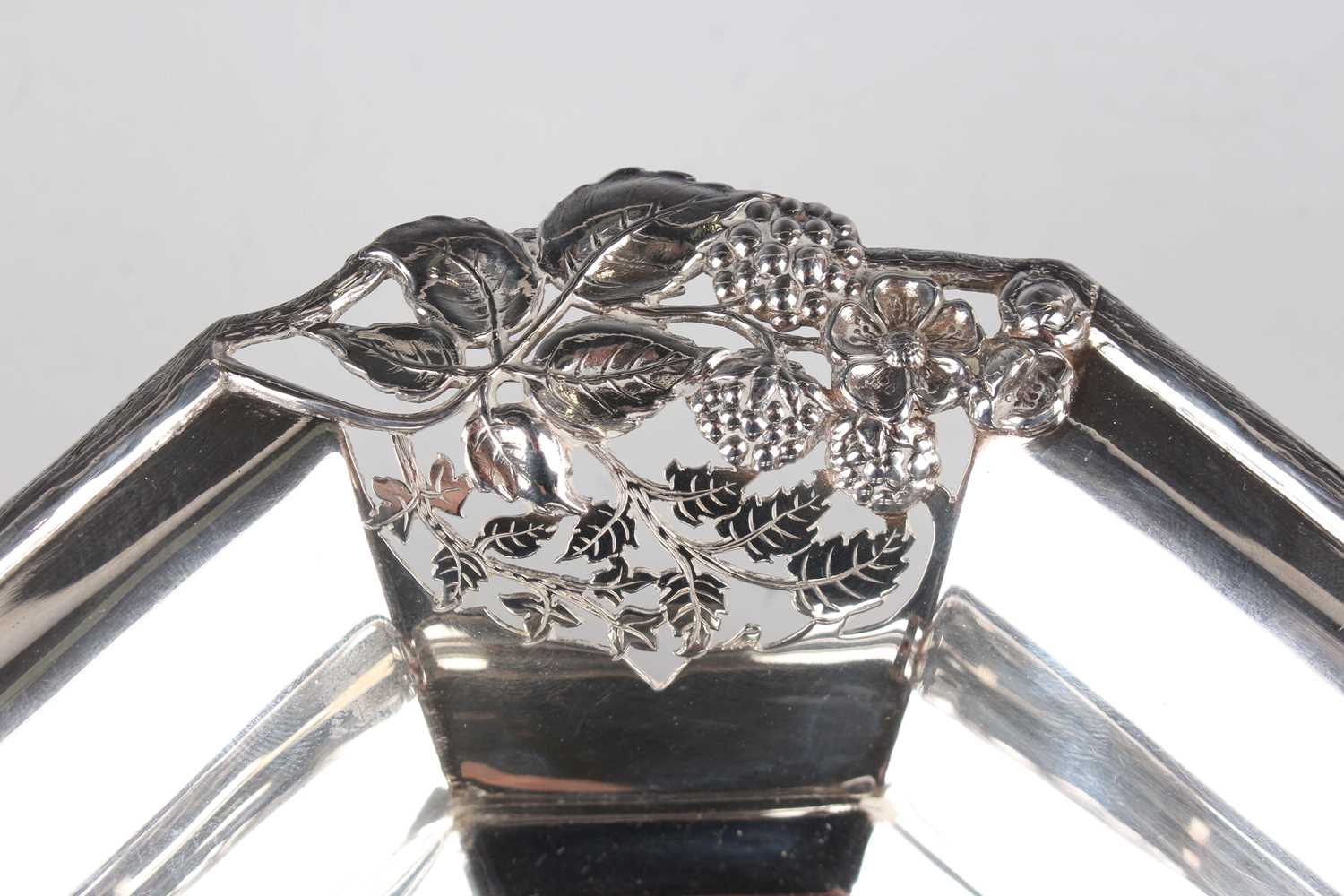 An Edward VIII silver square dish, each canted corner pierced and cast with stems of fruiting and - Image 3 of 5