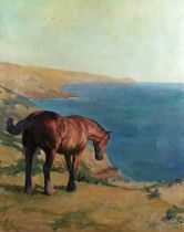 Margaret Neame – Bay Horse on a Coastal Clifftop, oil on canvas, signed and dated 1919, 88.5cm x