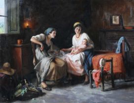 Giuseppe Magni - Interior Scene with two Women and a Baby, late 19th/early 20th century oil on