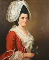 Circle of Strickland Lowry – Half Length Portrait of a Lady wearing a Red Silk Dress with White Lace