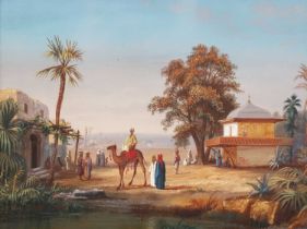 Huber – Orientalist Scene with Camel and Figures in a North African Landscape, 19th century gouache,