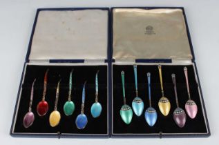 A set of six Elizabeth II silver and enamelled coffee spoons, each bowl back and handle enamelled in