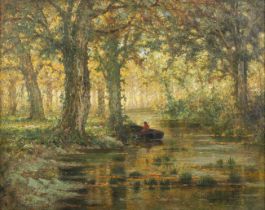 Louis Pulinckx – River Landscape with Trees and Figure in a Boat, late 19th/early 20th century oil