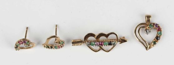 A small group of gemstone set ‘Dearest’ jewellery, comprising a 9ct gold brooch designed as an arrow