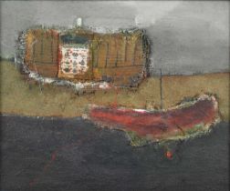 Anne Batty – ‘Flying moments’, 20th century oil with collage on board, titled label verso, 32cm x