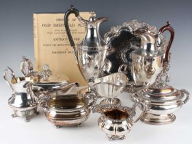 A group of 19th century Sheffield plate, including a circular salver, cast with foliate scroll