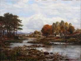 George William Mote – River Landscape with Cottage and Figure fishing, oil on canvas, signed and