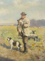 Fred Hall – Shepherd in a Field holding a Lamb, a Sheepdog at his Feet, early 20th century oil on