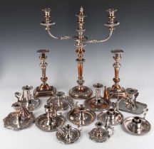 A group of 19th century Sheffield plate, comprising a three-light twin scroll branch candelabrum