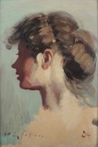 Roy Petley – Profile Portrait of a Young Lady, 20th century oil on board, signed and dated ’84, 24.