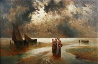 Benjamin Davis – Figures on a Beach at Dusk, oil on canvas, signed and dated 1905, 50cm x 76cm,