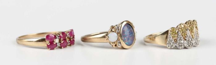 A 9ct gold, opal, opal triplet and diamond ring, Birmingham 2003, ring size approx Q, a 9ct gold,
