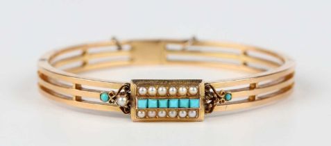A French gold, turquoise and seed pearl bracelet, the rectangular front panel mounted with a row
