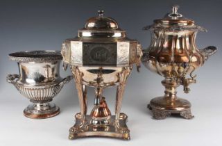 A George III Sheffield plate samovar, cover and burner of faceted rectangular form with engraved