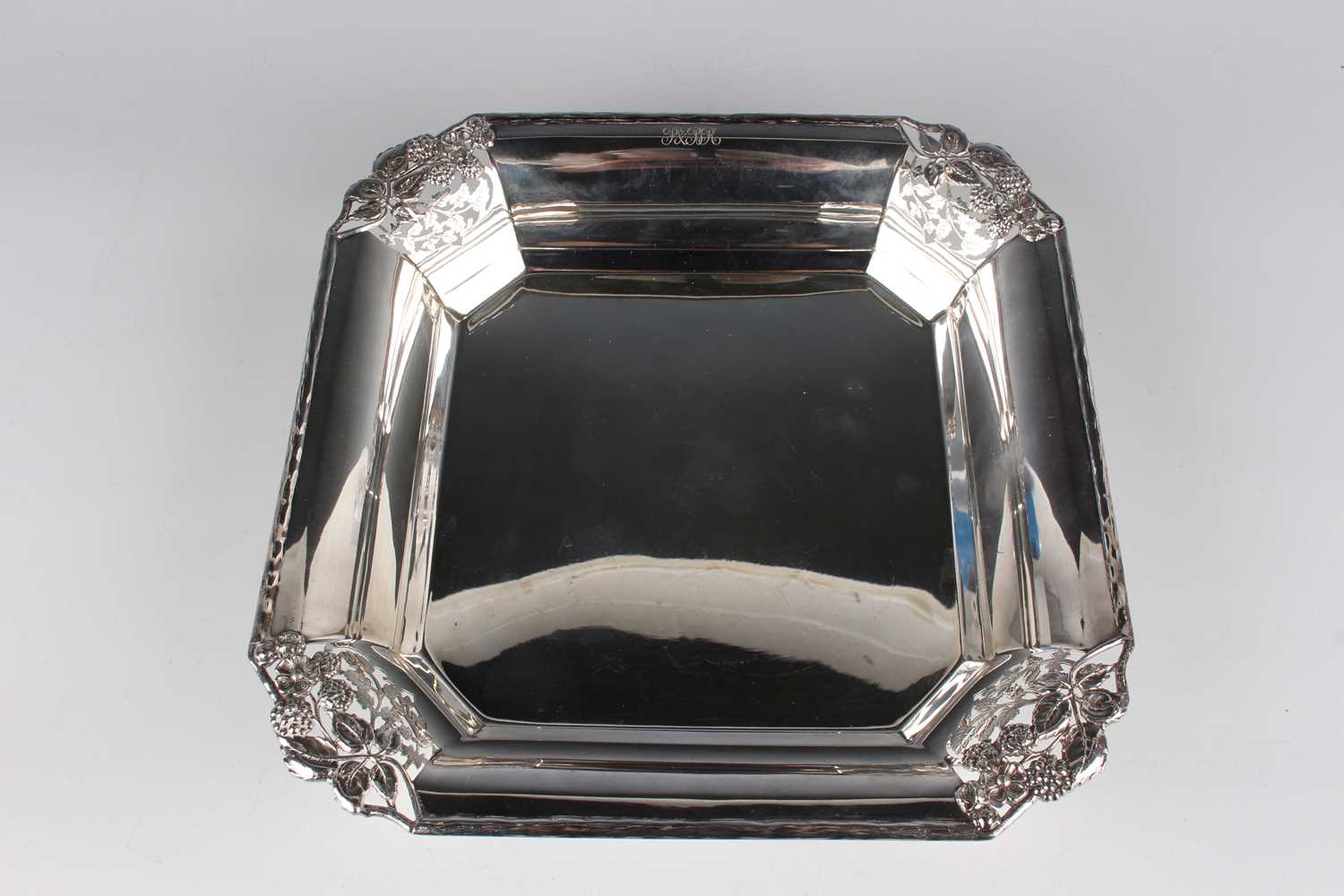 An Edward VIII silver square dish, each canted corner pierced and cast with stems of fruiting and - Image 2 of 5