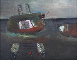 Anne Batty – ‘Ocean’s overpowering murmurs’, 20th century oil with collage on board, titled label