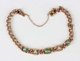 A gold, turquoise and half-pearl curblink bracelet, mounted with three turquoise alternating with