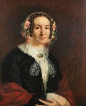 British School – Half Length Portrait of a Lady wearing a Black Velvet Dress with Red Shawl and a