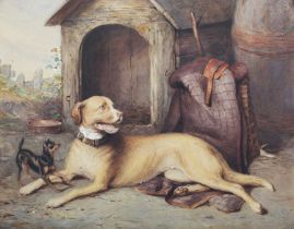 Robert Richard Scanlan – Mastiff and Miniature Pinscher before a Kennel, 19th century watercolour,
