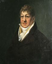 Follower of Henry Raeburn – Half Length Portrait of a Gentleman wearing a Brown Jacket and White