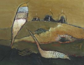 Anne Batty – ‘Vision Strange’, 20th century oil on board, titled verso, 29cm x 38cm, within a