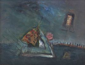 Anne Batty – ‘Fortune’s frailty’, 20th century oil with collage on board, signed and titled to label