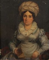 British School – Three Quarter Length Portrait of a Lady wearing a Light Blue Dress and White Cap,