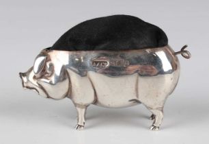 An Edwardian silver novelty pin cushion in the form of a standing pig, Birmingham 1905 by Sydney &