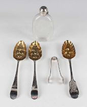 A pair of George III silver Old English pattern tablespoons, later embossed with fruit, London