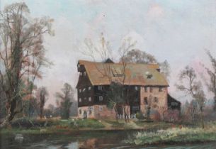 Keneth Denton – ‘Houghton Mill, Huntingdonshire’, 20th century oil on canvas-board, signed and