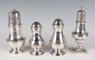 A George III silver pepper caster with pierced dome cover and turned knop finial, the baluster