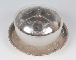 A Victorian silver and frosted glass circular bowl, cover and stand, the slightly domed cover with