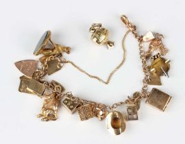 A gold curblink charm bracelet, detailed ‘9ct’, fitted with fourteen gold charms, each detailed ‘
