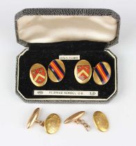 A pair of gold oval cufflinks, monogram engraved, with torpedo shaped backs, unmarked, weight 8.