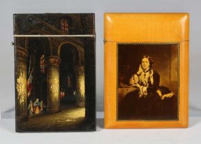 A 19th century papier-mâché visiting card case, decorated with scenes of an abbey, length 11cm,